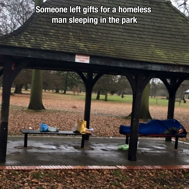 tree - Someone left gifts for a homeless man sleeping in the park