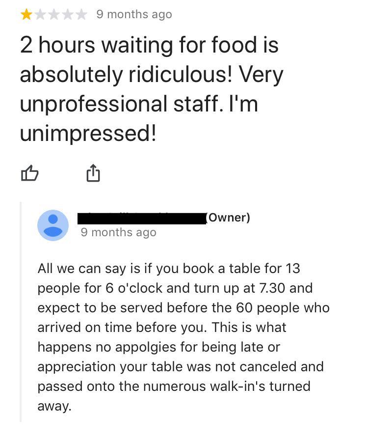 angle - 9 months ago 2 hours waiting for food is absolutely ridiculous! Very unprofessional staff. I'm unimpressed! Owner 9 months ago All we can say is if you book a table for 13 people for 6 o'clock and turn up at 7.30 and expect to be served before the