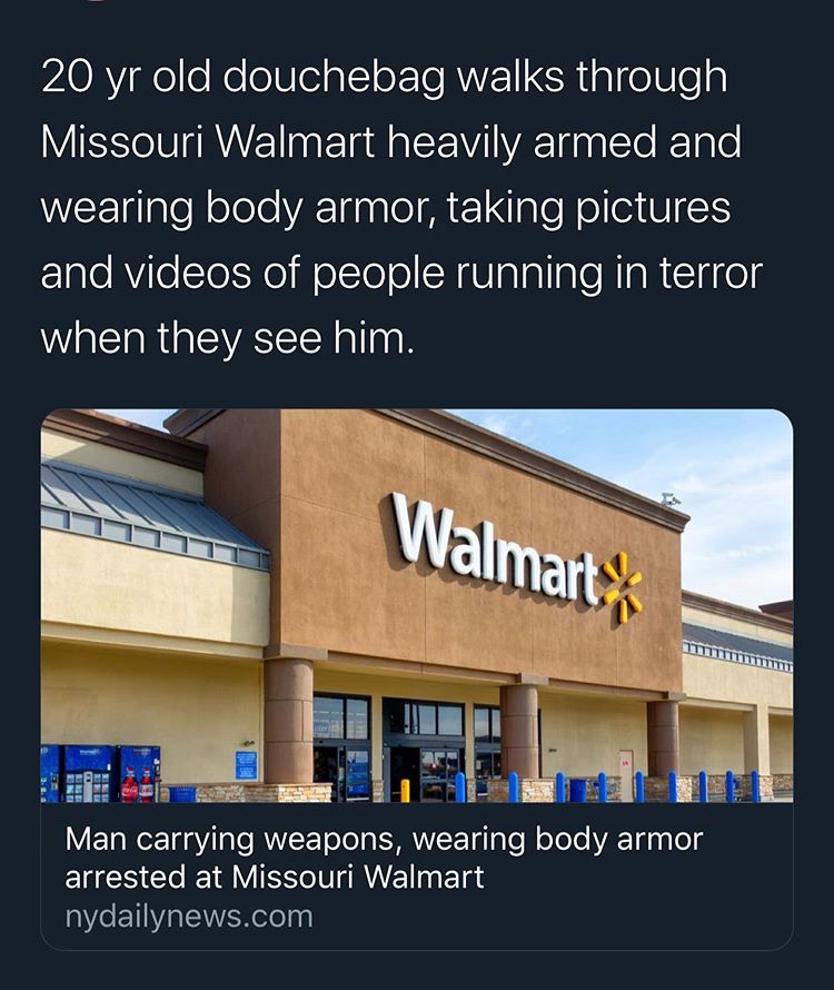 alphabot walmart - 20 yr old douchebag walks through Missouri Walmart heavily armed and wearing body armor, taking pictures and videos of people running in terror when they see him. Walmart Bebe Man carrying weapons, wearing body armor arrested at Missour