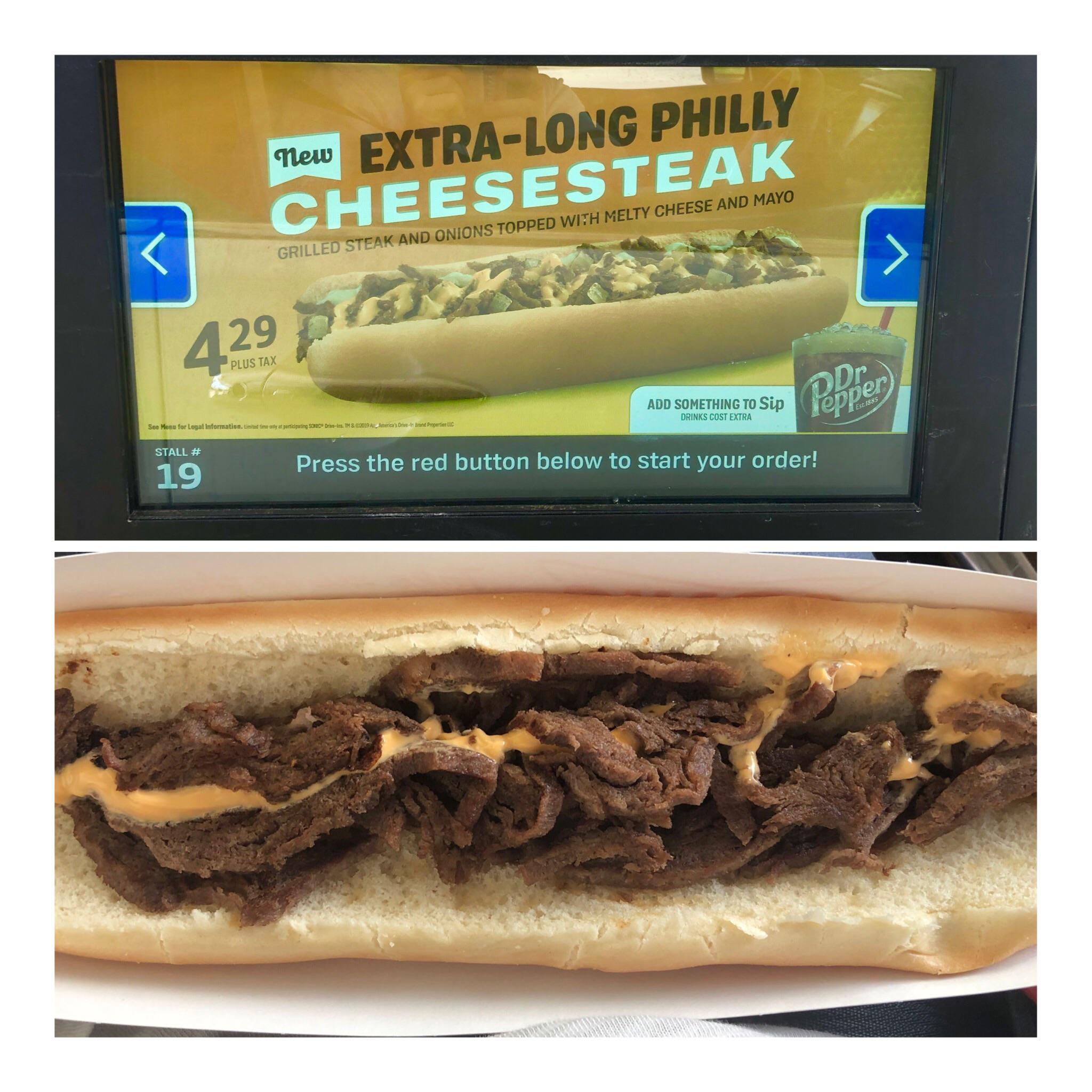 sandwich - new new ExtraLong Philly Cheesesteak Grilled Steak And Onions Topped With Melty Cheese And Mayo 429 po Plus Tax Add Something To Sp Pepper Add Something To Sip Drinks Cost Extra Est. 1885 Seo Menu for Legal Information. m y participating Sort D