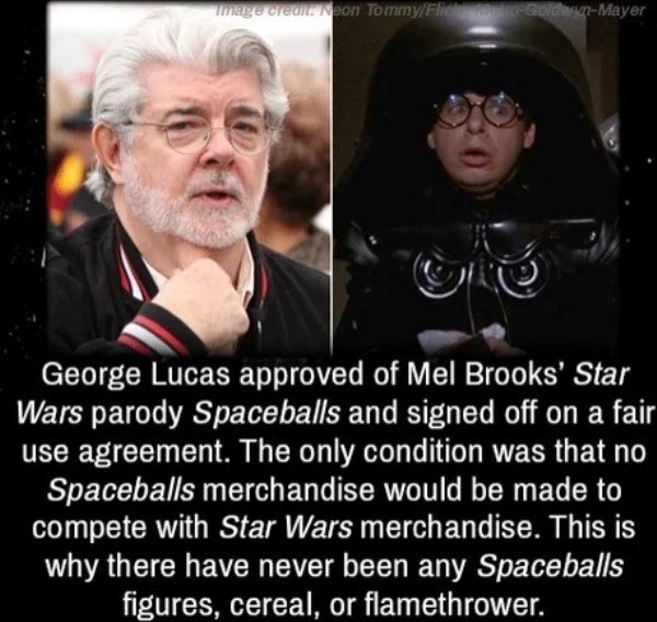 spaceballs merchandising - image credit neon Tommy F S CGoldenMayer George Lucas approved of Mel Brooks' Star Wars parody Spaceballs and signed off on a fair use agreement. The only condition was that no Spaceballs merchandise would be made to compete wit