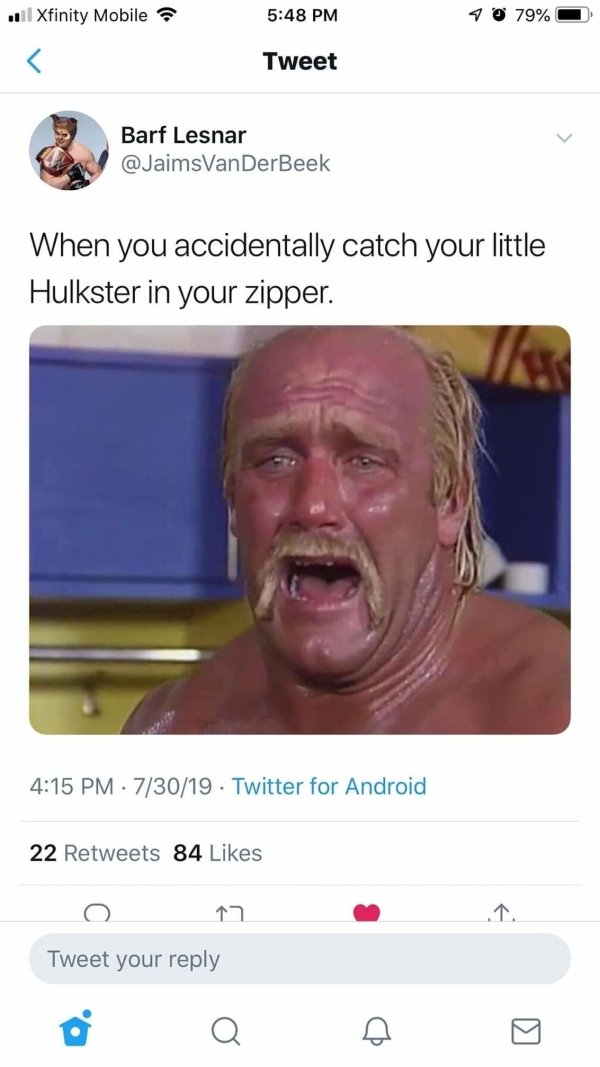 Hulk Hogan - .| Xfinity Mobile 1 0 79% O Tweet Barf Lesnar When you accidentally catch your little Hulkster in your zipper. 73019 Twitter for Android 22 84 Tweet your