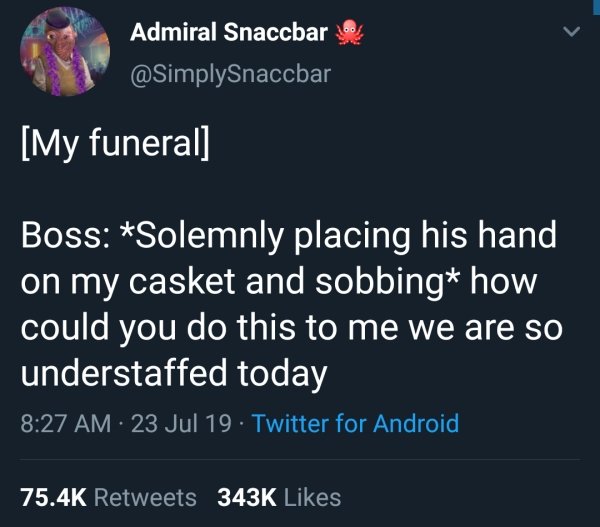 Admiral Snaccbarbe My funeral Boss Solemnly placing his hand on my casket and sobbing how could you do this to me we are so understaffed today 23 Jul 19. Twitter for Android
