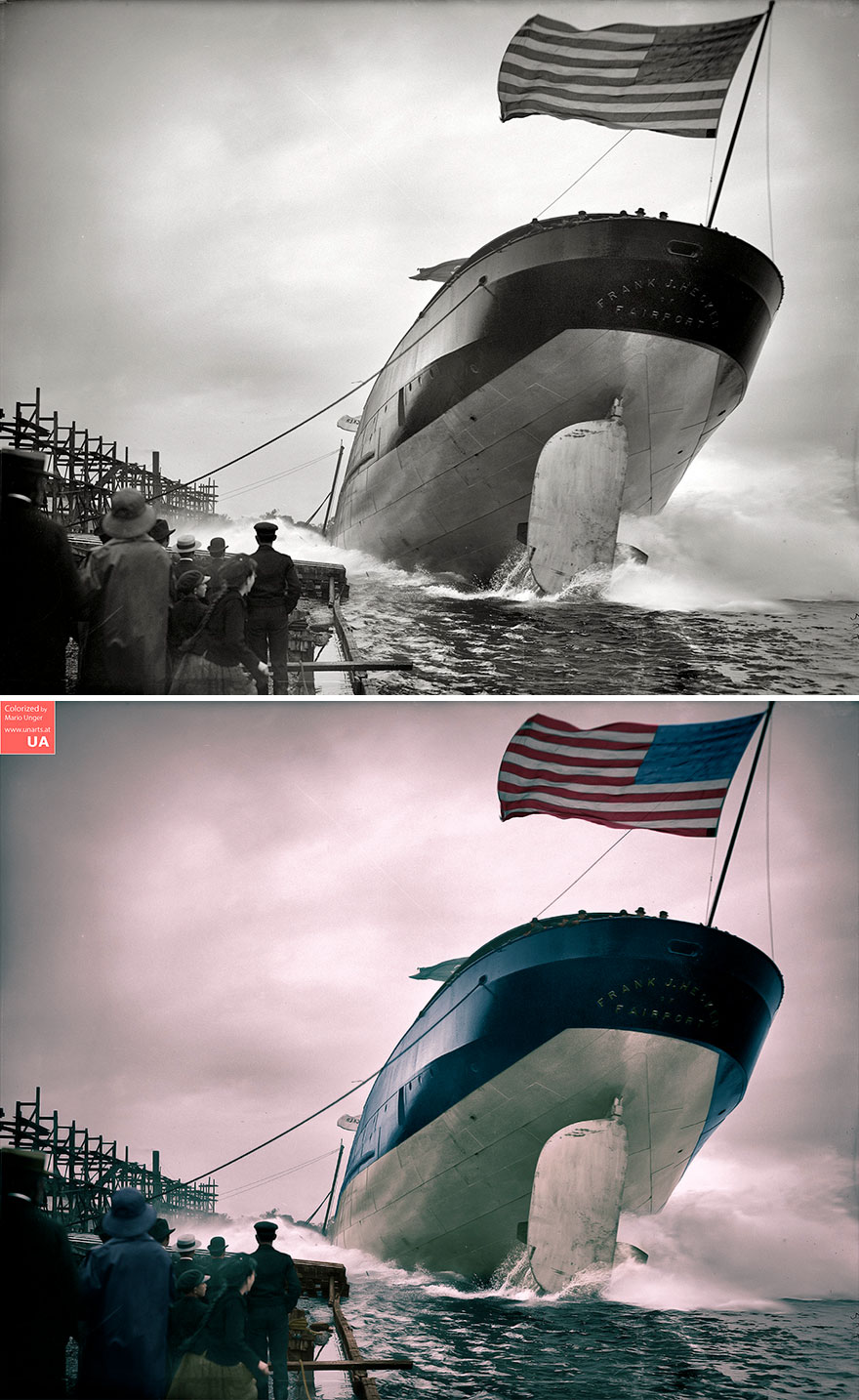 colorized vintage launch of steamer frank j hecker - Fran T ! Time Colorized by Mario Unger Ua Nk J. Fra Dir