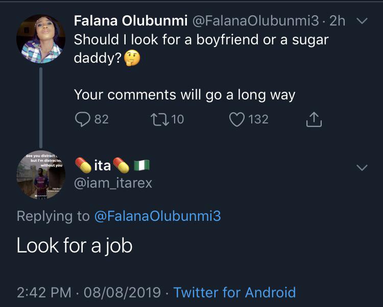 Falana Olubunmi Olubunmi3 2h v Should I look for a boyfriend or a sugar daddy? Your will go a long way 282 2310 132 See you distract but I'm distracte without you ita1 Olubunmi3 Look for a job 08082019. Twitter for Android