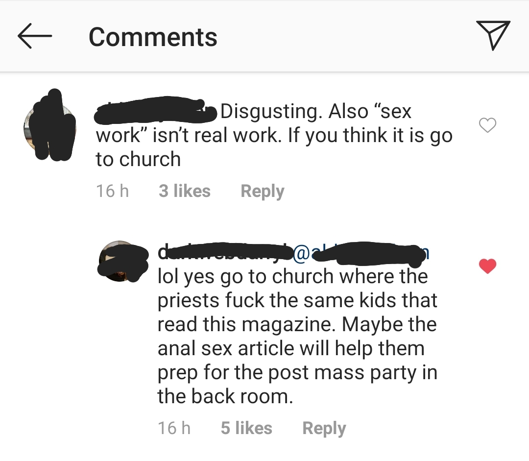 animal - Disgusting. Also sex work isn't real work. If you think it is go to church 16h 3 dronach lol yes go to church where the priests fuck the same kids that read this magazine. Maybe the anal sex article will help them prep for the post mass party in 