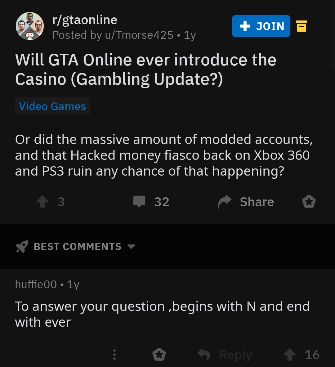 screenshot - sergtaonline Join Posted by uTmorse425 1y Will Gta Online ever introduce the Casino Gambling Update? Video Games Or did the massive amount of modded accounts, and that Hacked money fiasco back on Xbox 360 and PS3 ruin any chance of that happe