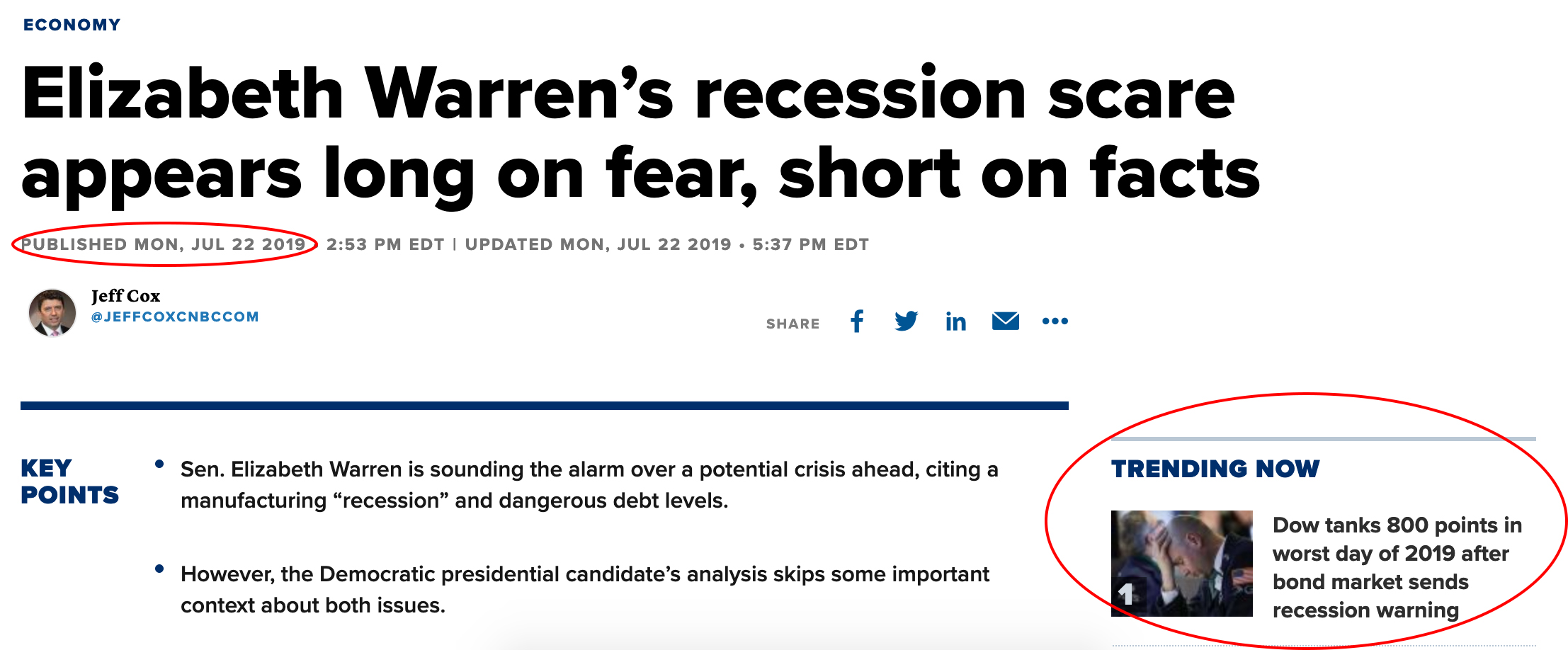 angle - Economy Elizabeth Warren's recession scare appears long on fear, short on facts Published Mon, Edt I Updated Mon, Edt Jeff Cox f y in .. Key Points Trending Now Sen. Elizabeth Warren is sounding the alarm over a potential crisis ahead, citing a…