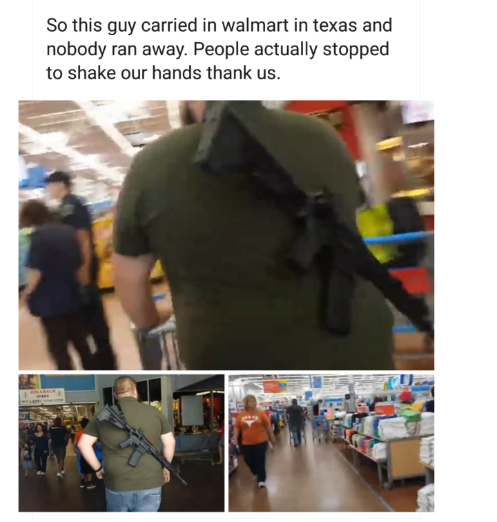 angle - So this guy carried in walmart in texas and nobody ran away. People actually stopped to shake our hands thank us.