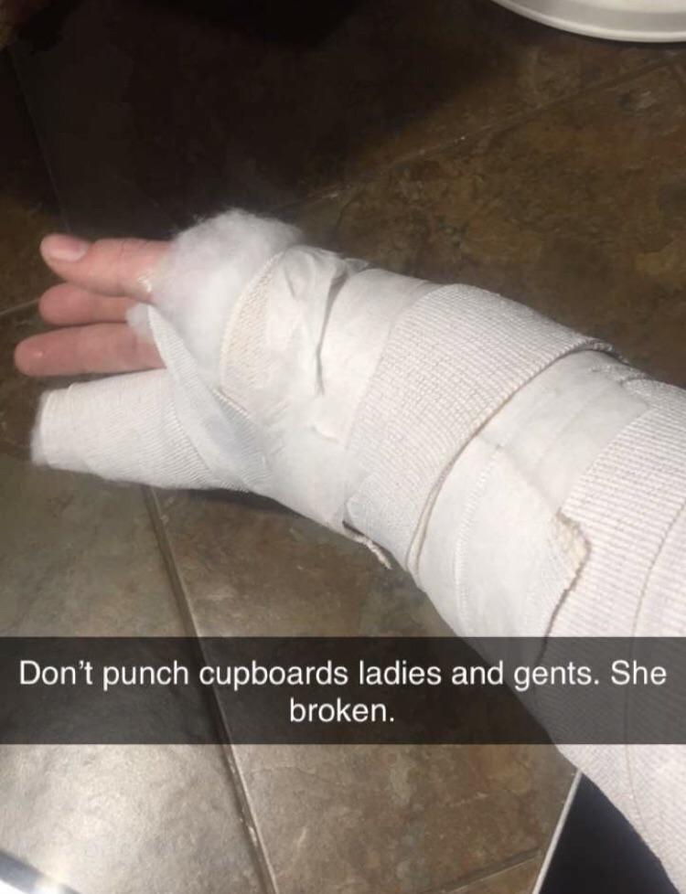 floor - Don't punch cupboards ladies and gents. She broken.