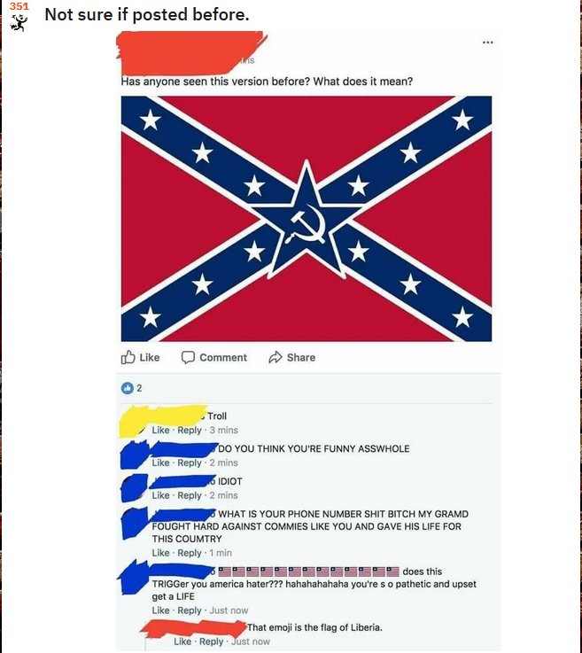 confederate flag hammer and sickle - Not sure if posted before. Has anyone seen this version before? What does it mean? Comment 2 Troll 3 mins Do You Think You'Re Funny Asswhole 2 mins O Idiot 2 mins What Is Your Phone Number Shit Bitch My Gramd Fought Ha