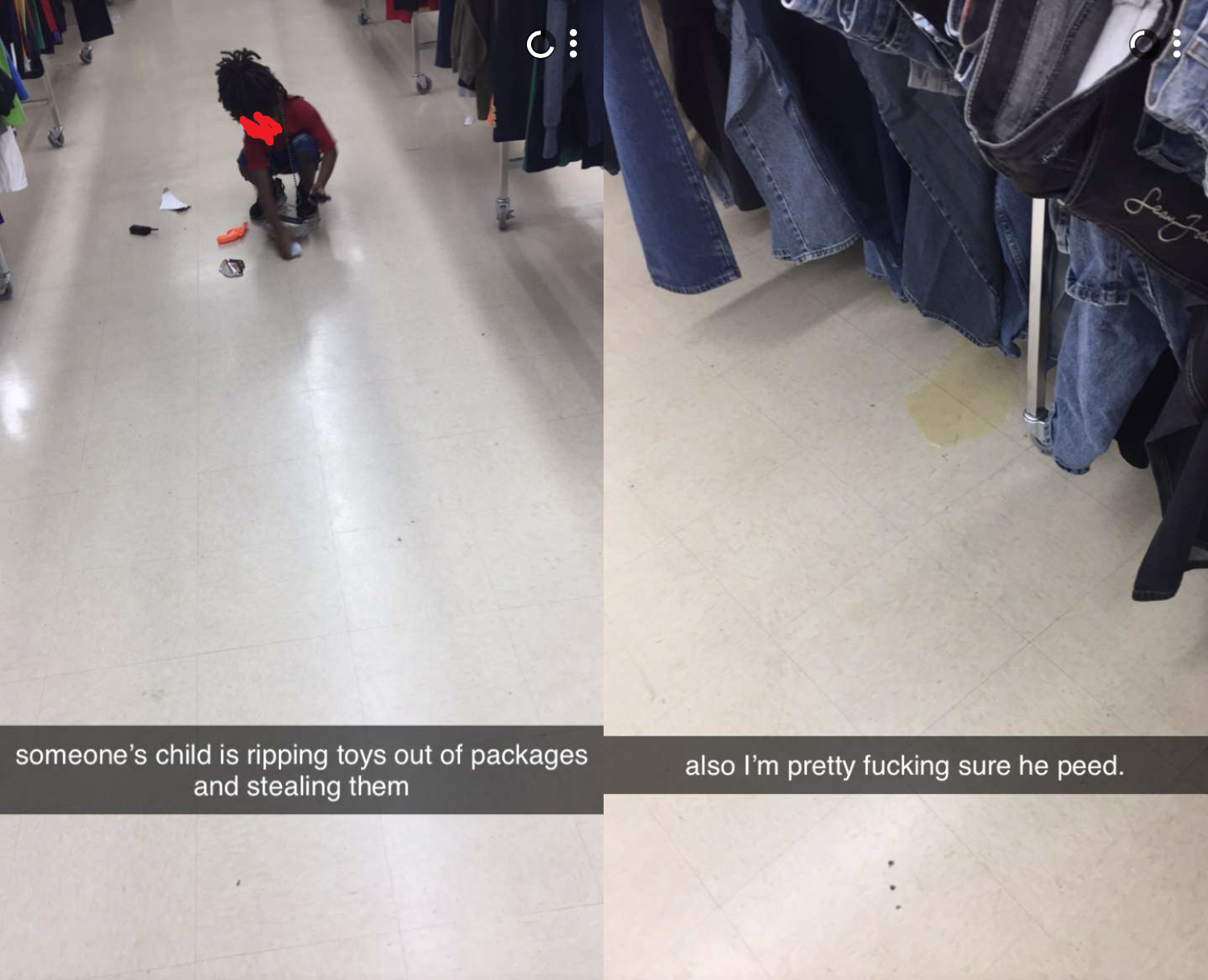 floor - someone's child is ripping toys out of packages and stealing them also I'm pretty fucking sure he peed.