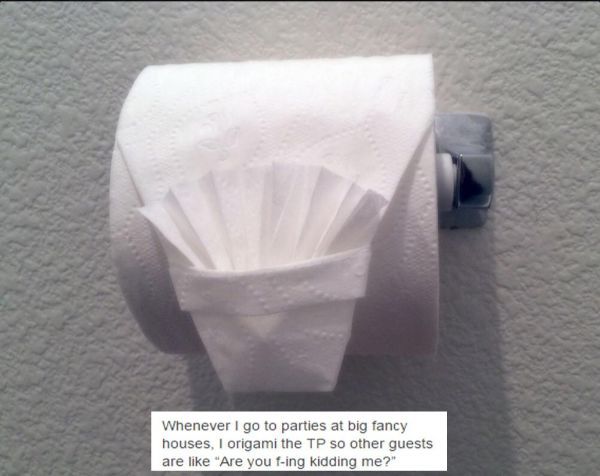 funny origami meme - Whenever I go to parties at big fancy houses, I origami the Tp so other guests are "Are you fing kidding me?"