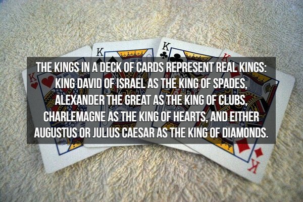 poker - Kah The Kings In A Deck Of Cards Represent Real Kings King David Of Israel As The King Of Spades, Alexander The Great As The King Of Clubs, Charlemagne As The King Of Hearts, And Either Augustus Or Julius Caesar As The King Of Diamonds.