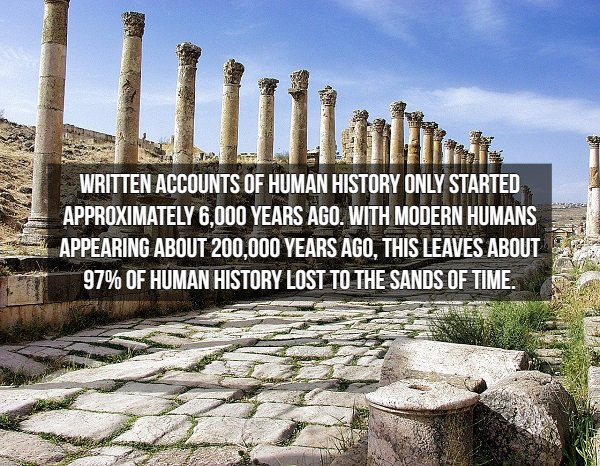 jerash iordania - Written Accounts Of Human History Only Started Approximately 6,000 Years Ago. With Modern Humans Appearing About 200,000 Years Ago, This Leaves About 97% Of Human History Lost To The Sands Of Time.