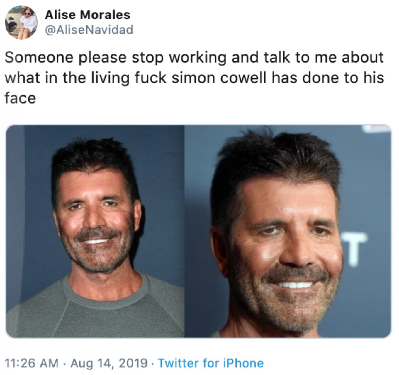 simon cowell face meme - Alise Morales Someone please stop working and talk to me about what in the living fuck simon cowell has done to his face . Twitter for iPhone