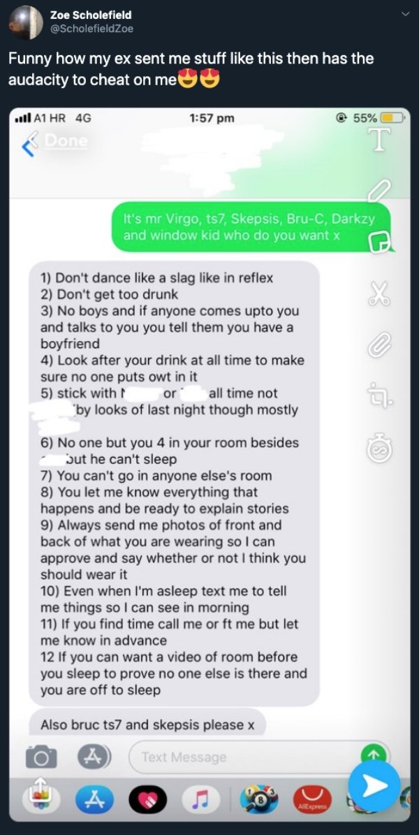 Girl shares hilarious rules from ex boyfriend.