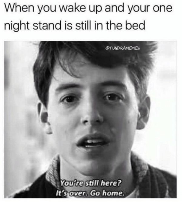 memes about one night stands - When you wake up and your one night stand is still in the bed You're still here? It's over. Go home.