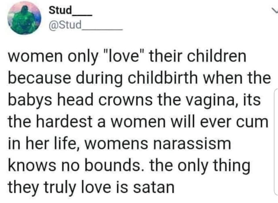 john mcafee whale tweets - Stud women only "love" their children because during childbirth when the babys head crowns the vagina, its the hardest a women will ever cum in her life, womens narassism knows no bounds. the only thing they truly love is satan
