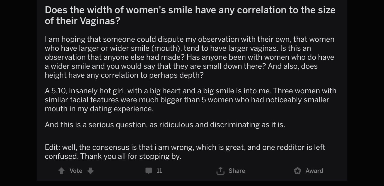 screenshot - Does the width of women's smile have any correlation to the size of their Vaginas? I am hoping that someone could dispute my observation with their own, that women who have larger or wider smile mouth, tend to have larger vaginas. Is this an 