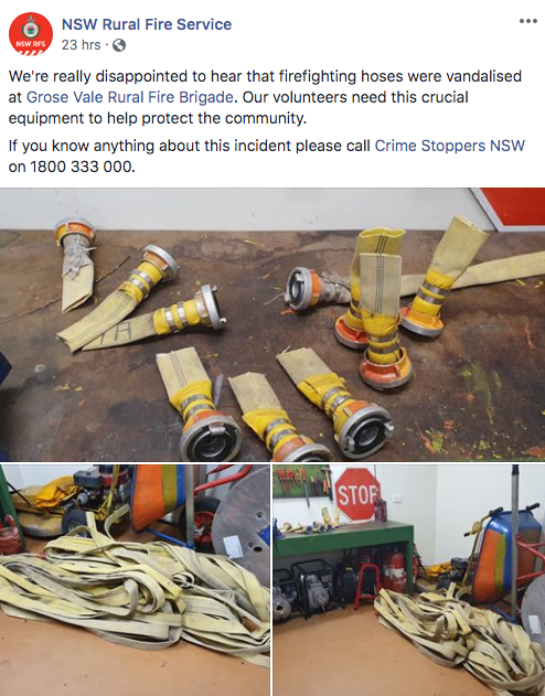 Nsw Rural Fire Service 23 hrs. We're really disappointed to hear that firefighting hoses were vandalised at Grose Vale Rural Fire Brigade. Our volunteers need this crucial equipment to help protect the community. If you know anything about this incident…