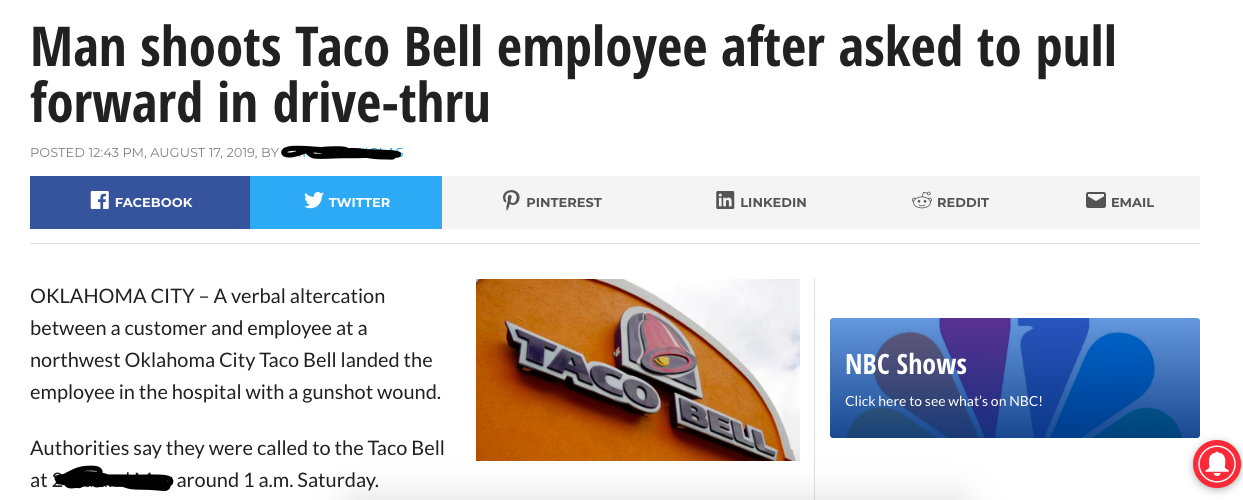 Man shoots Taco Bell employee after asked to pull forward in drivethru Posted , , Bygg f Facebook y Twitter P Pinterest in Linkedin Reddit Email Oklahoma City A verbal altercation between a customer and employee at a northwest Oklahoma City Taco Bell…
