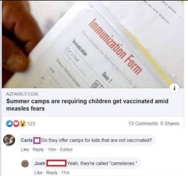 holy shit you fucking killed her dude - Immunization Form Dose 1 Azfamily.Com Summer camps are requiring children get vaccinated amid measles fears 00123 13 6 Carla Do they offer camps for kids that are not vaccinated? 15m Edited Josh Yeah, they're called