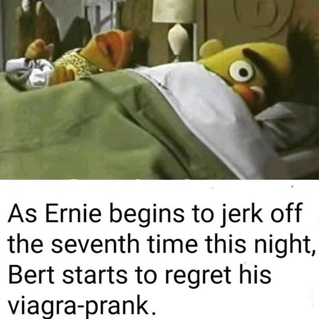 bert and ernie memes - As Ernie begins to jerk off the seventh time this night, Bert starts to regret his viagraprank.