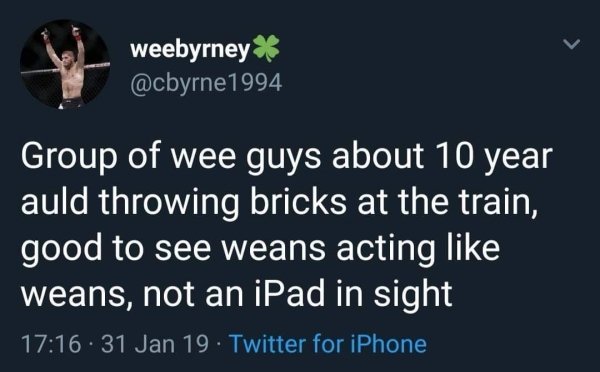 transphobic tweets - weebyrney Group of wee guys about 10 year auld throwing bricks at the train, good to see weans acting weans, not an iPad in sight . 31 Jan 19 Twitter for iPhone