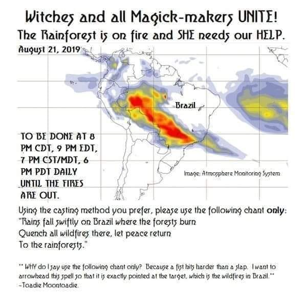 Amazon rainforest - Witches and all Magickmakers Unite! The Rainforest is on fire and She needs our Help. Brazil To Be Done At 8 Pm Cdt, 9 Pm Edt, 7 Pm CstMdt, 6 Pm Pdt Daily Image Atmosphere Monitoring System Until The Fires Are Out. Using the casting me