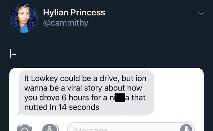 Hylian Princess It Lowkey could be a drive, but ion wanna be a viral story about how you drove 6 hours for a nd a that nutted In 14 seconds Lo iMese