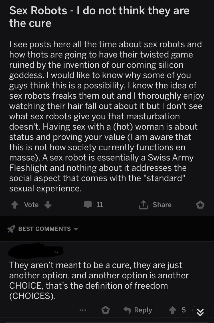 Sex Robots I do not think they are the cure I see posts here all the time about sex robots and how thots are going to have their twisted game ruined by the invention of our coming silicon goddess. I would to know why some of you guys think th