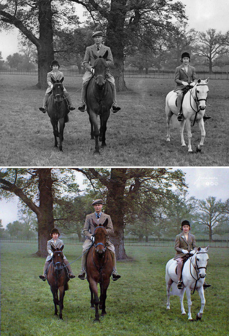 King George Vi Riding With His Daughters Princess Elizabeth (Later Queen Elizabeth II) & Princess Margaret In Windsor Great Park, 21 April 1939