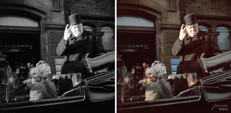 Winston Churchill, Cigar In Mouth, Gives His Famous ‘V’ Sign During A Visit To Bradford (Lister's Mill) On December 4, 1942