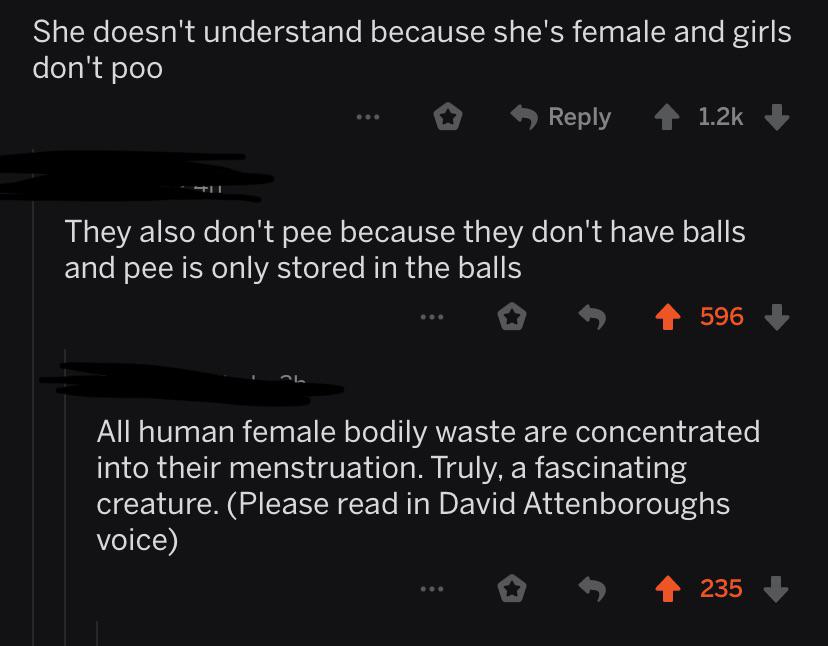 atmosphere - She doesn't understand because she's female and girls don't poo They also don't pee because they don't have balls and pee is only stored in the balls 596 All human female bodily waste are concentrated into their menstruation. Truly, a fascina