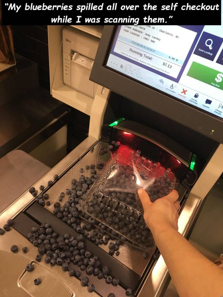 laptop - "My blueberries spilled all over the self checkout while I was scanning them." St Charlotte, Nc 709976 Store Manager Andy Lackey Your Cashier Chec 500 Premom Blueber Running Total Item Lookup 6.99 B h $7.13 ay