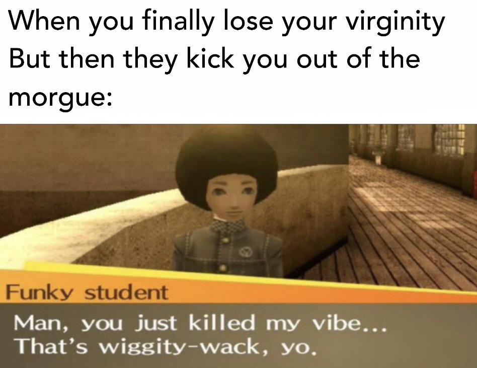 that's wiggity wack - When you finally lose your virginity But then they kick you out of the morgue Funky student Man, you just killed my vibe... That's wiggitywack, yo.