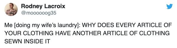 document - Rodney Lacroix Me doing my wife's laundry Why Does Every Article Of Your Clothing Have Another Article Of Clothing Sewn Inside It