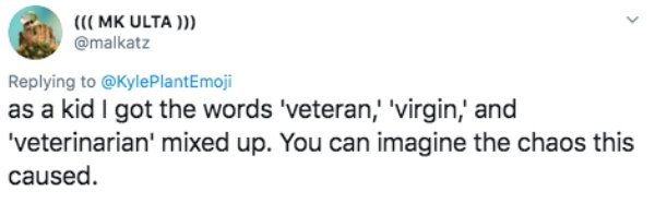 Practical joke - Mk Ulta as a kid I got the words 'veteran,' 'virgin,' and 'veterinarian' mixed up. You can imagine the chaos this caused.