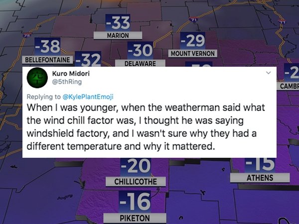 map - 33 Marion 29 38 Bellefontaine 32 Mount Vernon Delaware 2 Kuro Midori Cambe When I was younger, when the weatherman said what the wind chill factor was, I thought he was saying windshield factory, and I wasn't sure why they had a different temperatur