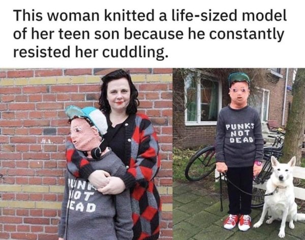 marieke voorsluijs - This woman knitted a lifesized model of her teen son because he constantly resisted her cuddling.
