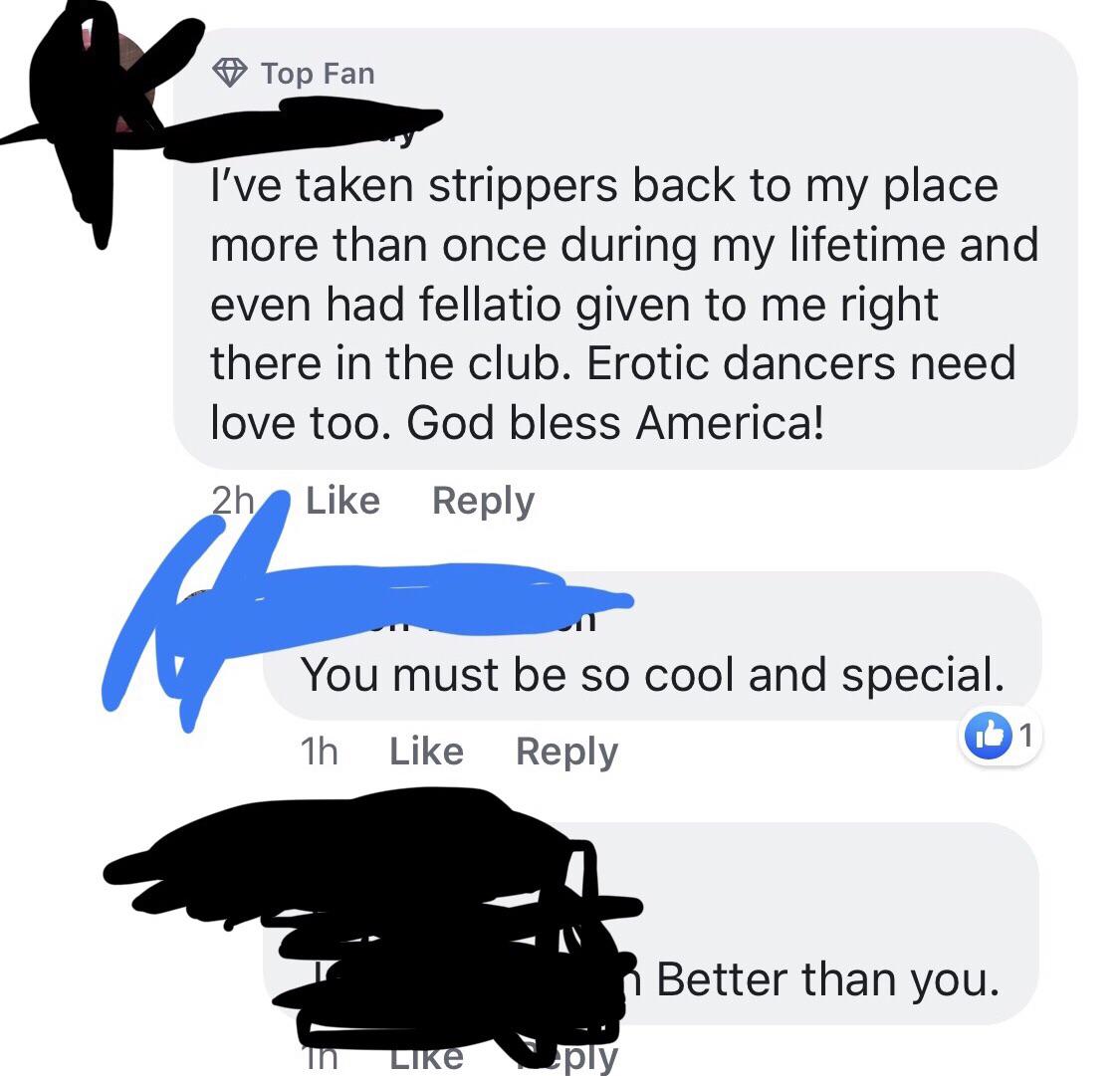 sex memes- cartoon - Top Fan I've taken strippers back to my place more than once during my lifetime and even had fellatio given to me right there in the club. Erotic dancers need love too. God bless America! 2h You must be so cool and special. 1h n Bette