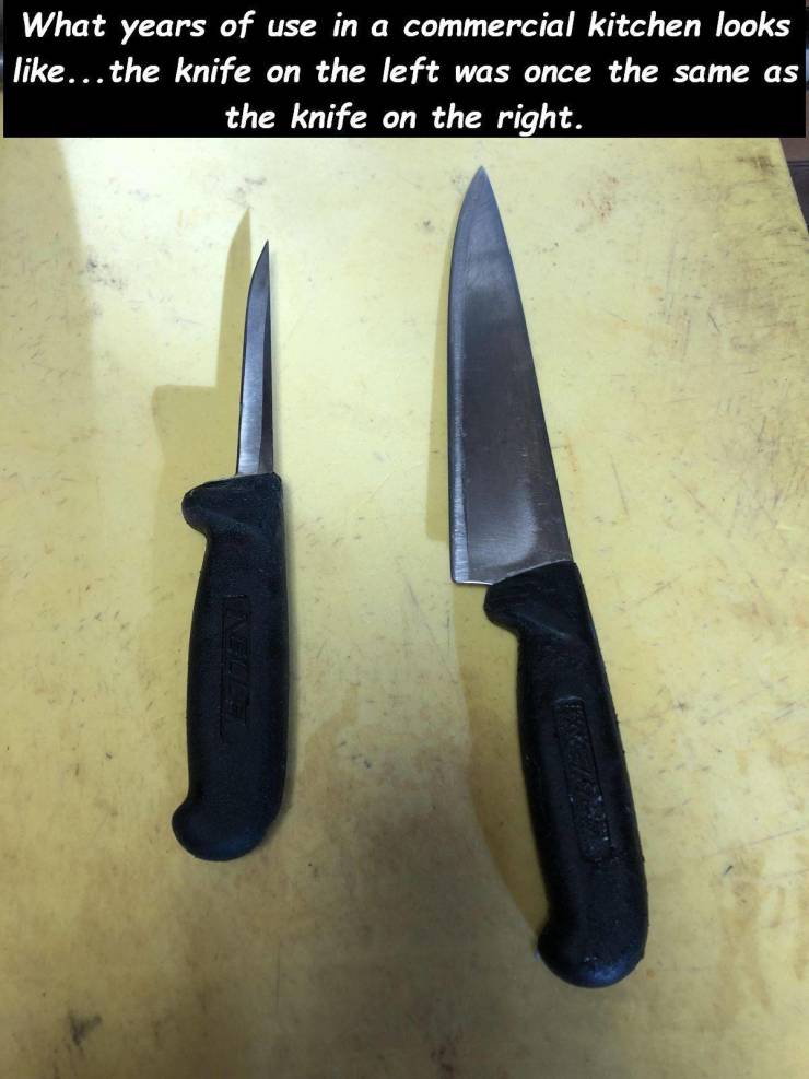 knife - What years of use in a commercial kitchen looks ... the knife on the left was once the same as the knife on the right.
