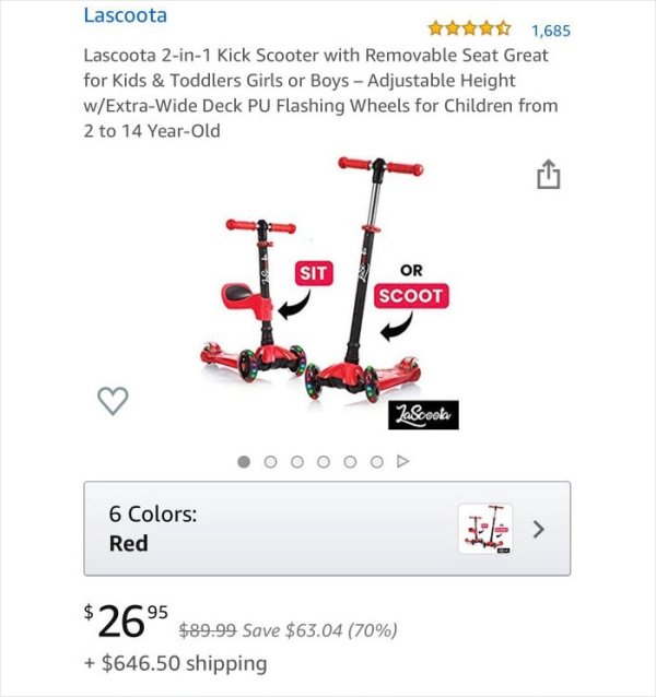 wtf online shopping scooter for toddlers - Lascoota 1,685 Lascoota 2in1 Kick Scooter with Removable Seat Great for Kids & Toddlers Girls or Boys Adjustable Height wExtraWide Deck Pu Flashing Wheels for Children from 2 to 14 YearOld Sit Or Scoot Palcoola 6