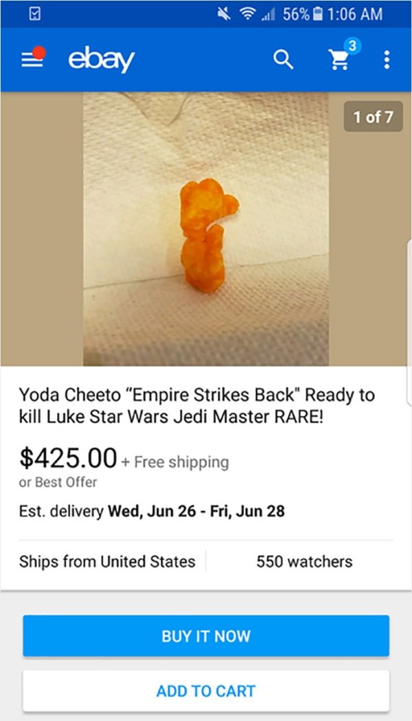 wtf online shopping orange - ul 56% ebay 1 of 7 Yoda Cheeto "Empire Strikes Back" Ready to kill Luke Star Wars Jedi Master Rare! $425.00 Free shipping or Best Offer Est. delivery Wed, Jun 26 Fri, Jun 28 Ships from United States 550 watchers Buy It Now Add