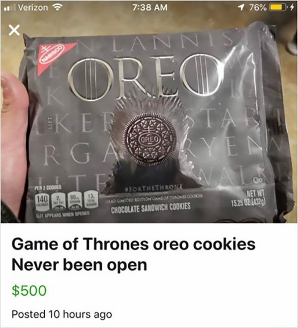 wtf online shopping . Verizon 1 76% 0 .4 Annis Oreo Oreo Ek Efe 'R Gayen Che cost T E 140 0 0 were toonow one or more 00 10 Na Net Wt Pforthithrone Uslomion Games Ancier Chocolate Sandwich Cookies 15.25 02 1323 Game of Thrones oreo cookies Never been open