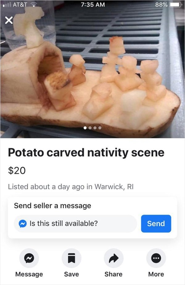 wtf online shopping jaw - . At&T 88% Potato carved nativity scene $20 Listed about a day ago in Warwick, Ri Send seller a message Is this still available? Send Message Save More