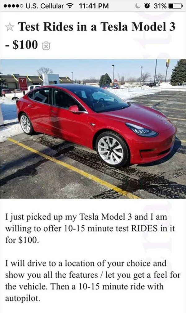 wtf online shopping bumper - 0 U.S. Cellular 0 0 31% 10 Test Rides in a Tesla Model 3 $100 I just picked up my Tesla Model 3 and I am willing to offer 1015 minute test Rides in it for $100. I will drive to a location of your choice and show you all the fe