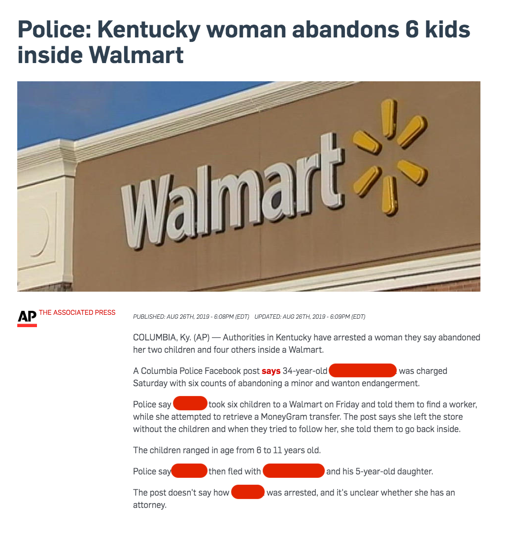 walmart sign - Police Kentucky woman abandons 6 kids inside Walmart Walmart Aphe Associati Pulsada 2010 Updated Aud I O Columbia, Ky. Ap Authorities in Kentucky have arrested a woman they say abandoned her two children and four others inside a Walmart A C