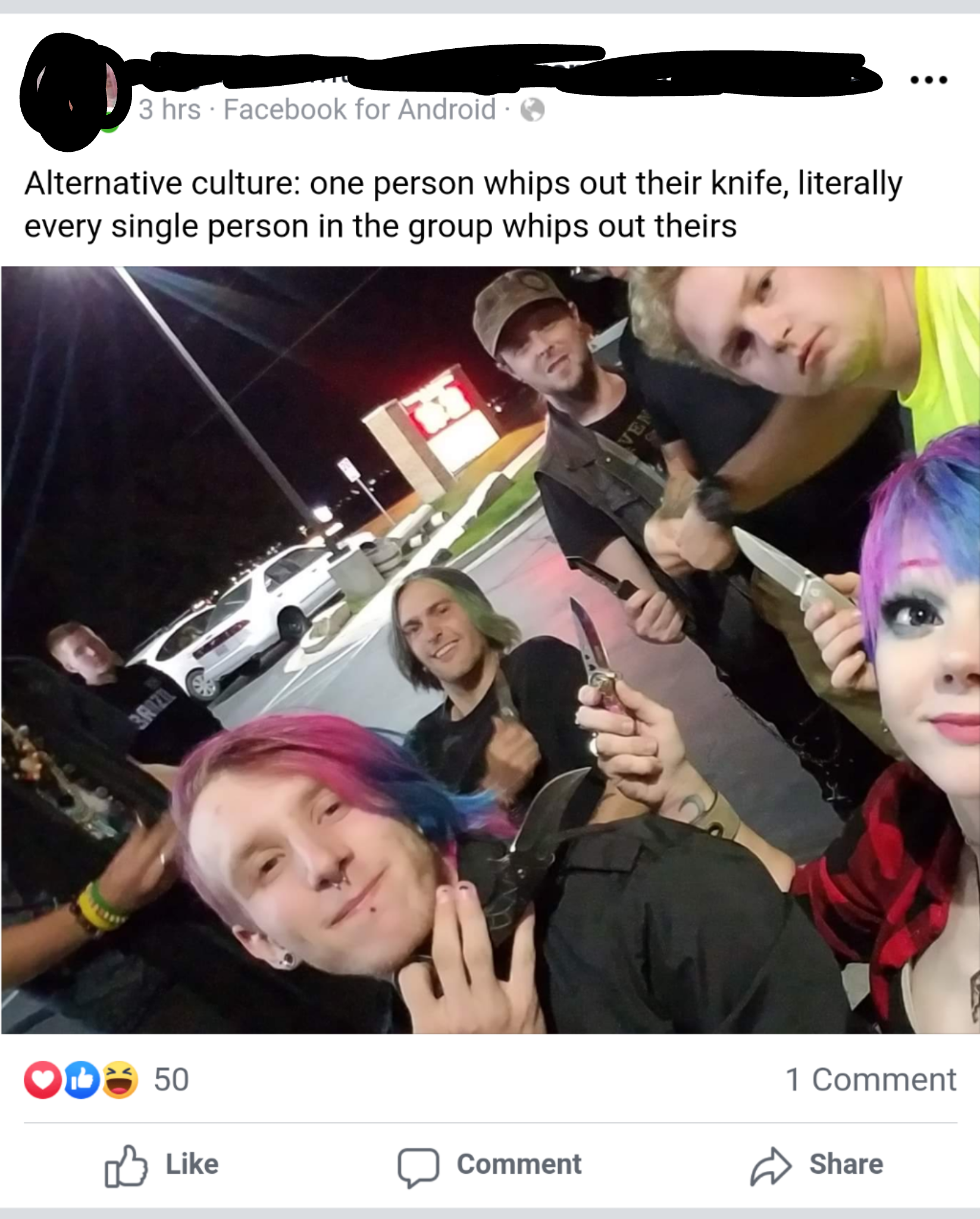 selfie - 3 hrs Facebook for Android Alternative culture one person whips out their knife, literally every single person in the group whips out theirs Od 50 1 Comment Comment